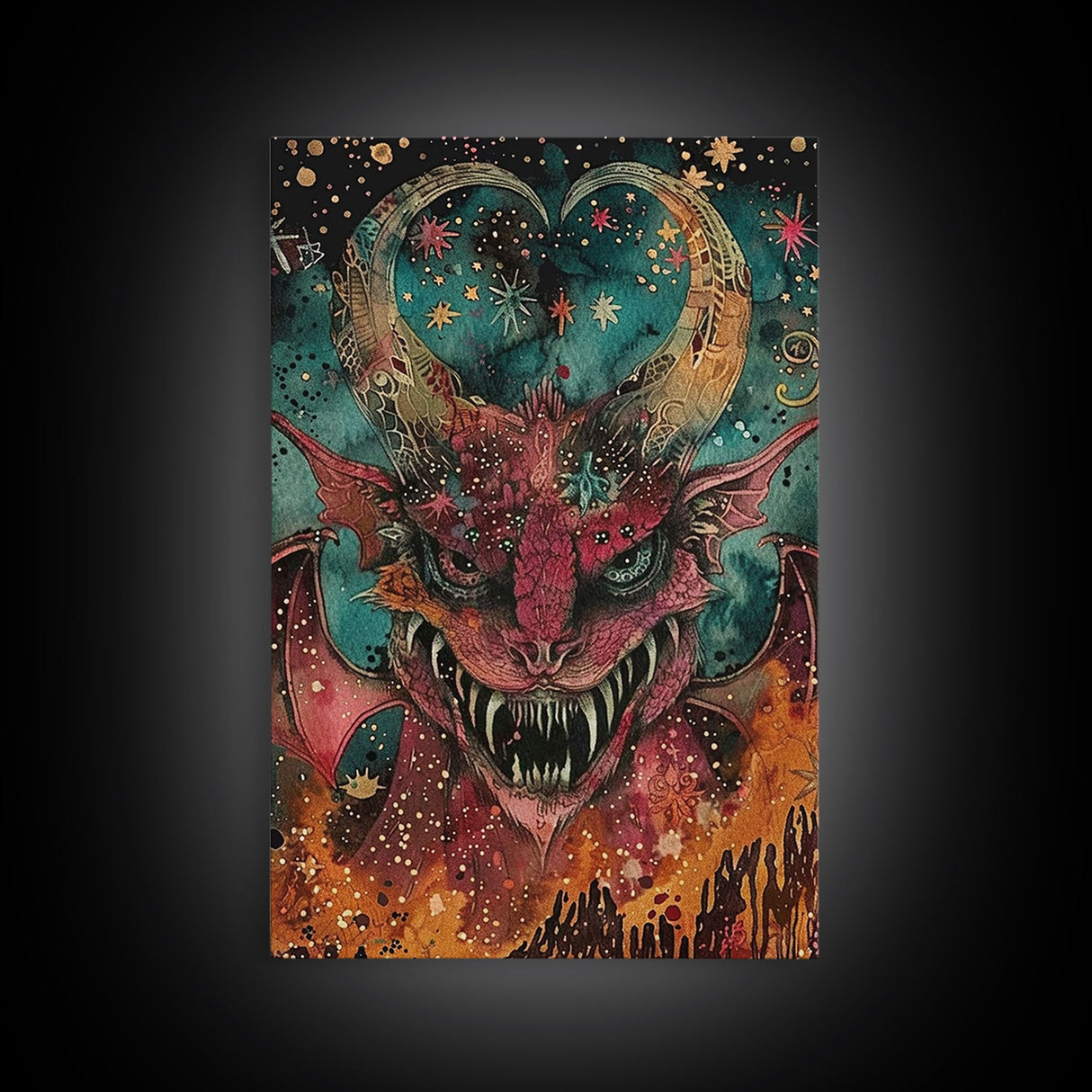Fantastical Demon with Stars Framed Canvas Print | Halloween Monster Art | Spooky Starry Art | Scary Demon Art for Home Decoration
