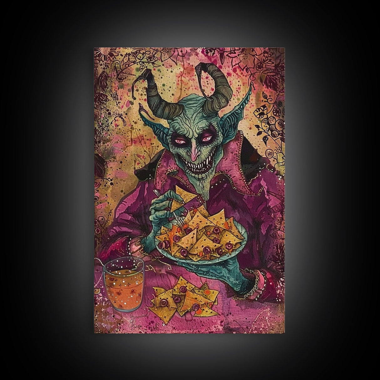 Spooky Demon Eating Chips Framed Canvas Print, Halloween Art, Unique Wall Art, Creepy Home Decor, Scary Art, Spooky Living Room Decor