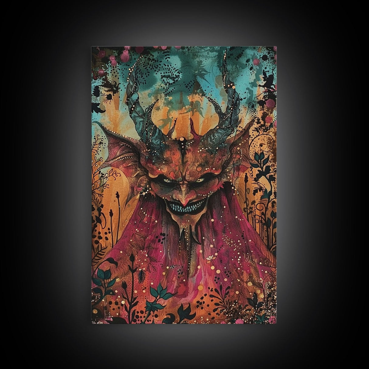 Dark Demon with Menacing Smile Framed Canvas Print, Halloween Art, Creepy Wall Art, Spooky Home Decor, Scary Art, Creepy Living Room Decor
