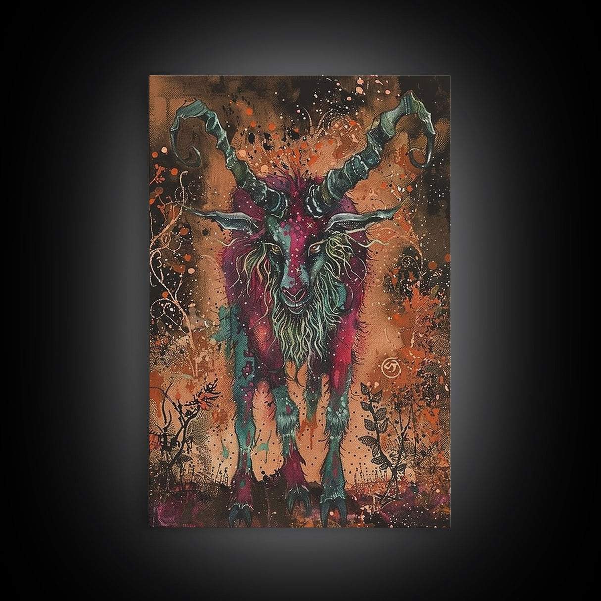 Mysterious Goat Demon Framed Canvas Print, Halloween Art, Unique Wall Art, Spooky Home Decor, Scary Art, Eerie Living Room Decor