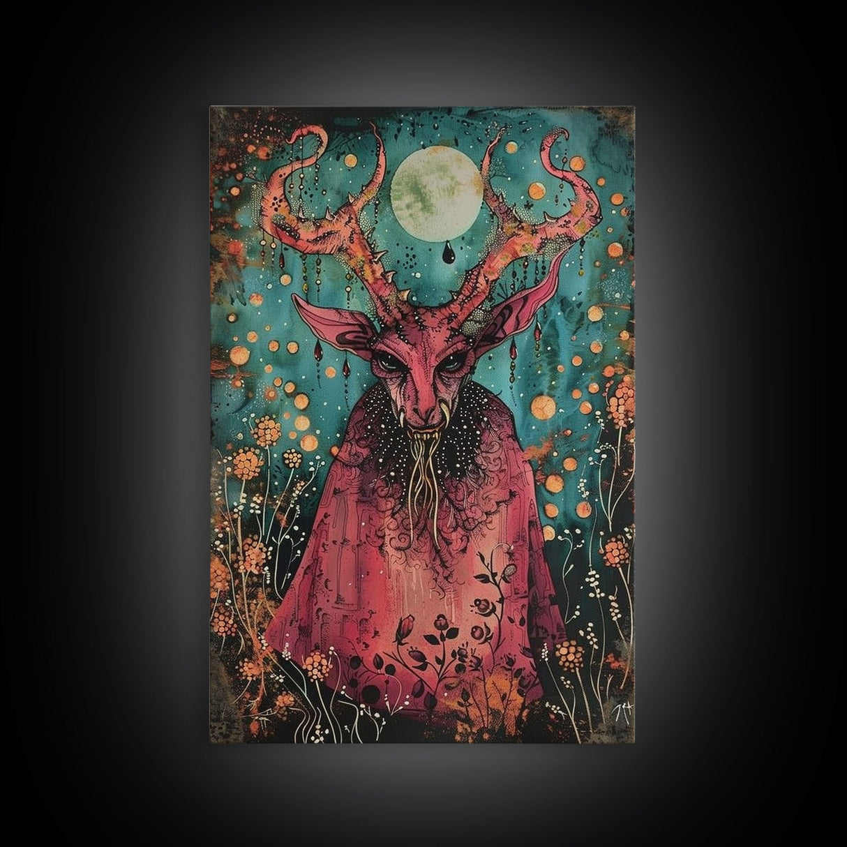 Enchanted Demon Under Full Moon Framed Canvas Print, Halloween Art, Creepy Wall Art, Spooky Home Decor, Art, Haunting Living Room Decor