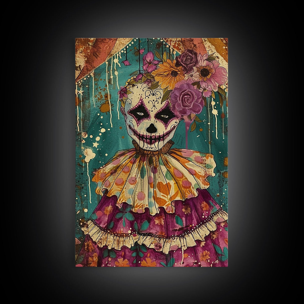 Day of the Dead Doll with Floral Crown Framed Canvas Print, Halloween Art, Creepy Wall Art, Spooky Home Decor, Scary Art, Unique Wall Decor