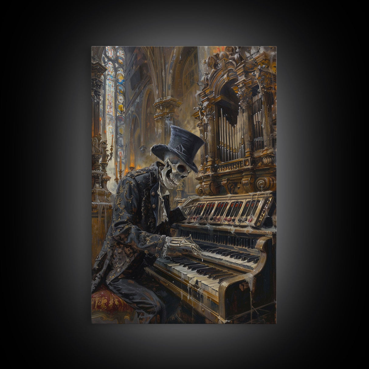 Halloween Skeleton Playing the Organ in Gothic Church - Creepy Skeleton Musician in Haunted Cathedral - Halloween Art Print - Gothic Decor