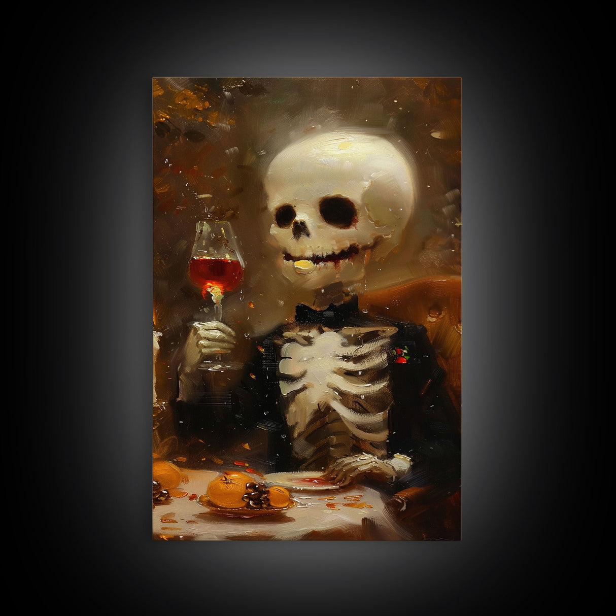 Spooky Skeleton Enjoying a Glass of Wine - Elegant Skeleton Dining - Halloween Art Print - Skeleton Decor - Spooky Art for Halloween Parties