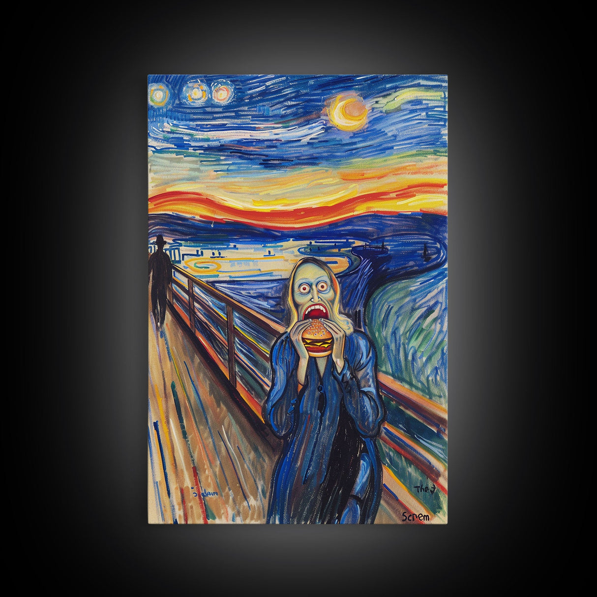 Scream-Inspired Halloween Art with a Figure Eating a Hamburger, Combining Horror and Humor for a Unique and Spooky Wall Art Piece