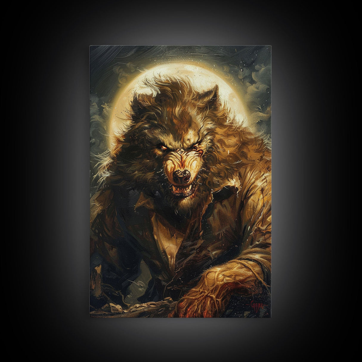 Ferocious Werewolf Under Full Moon Framed Canvas Print | Halloween Monster Art | Spooky Werewolf Decor for Home | Intense Werewolf Artwork