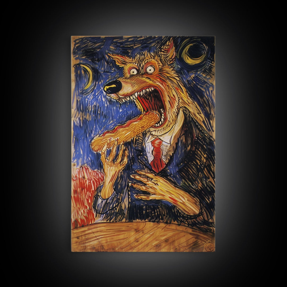 Business Werewolf Eating a Hot Dog, Framed Canvas print, Funny Halloween Art, Spooky Season, The Scream Inspired Funny Art