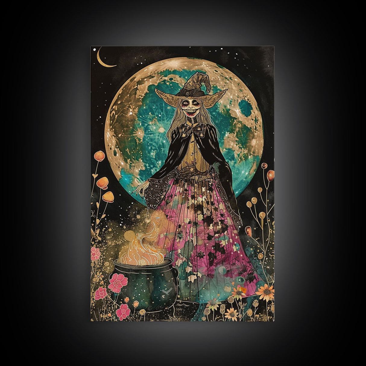 Spooky Witch with Cauldron Under Full Moon Framed Canvas Print | Halloween Witch Art | Witch Decor for Home | Magical Halloween Artwork