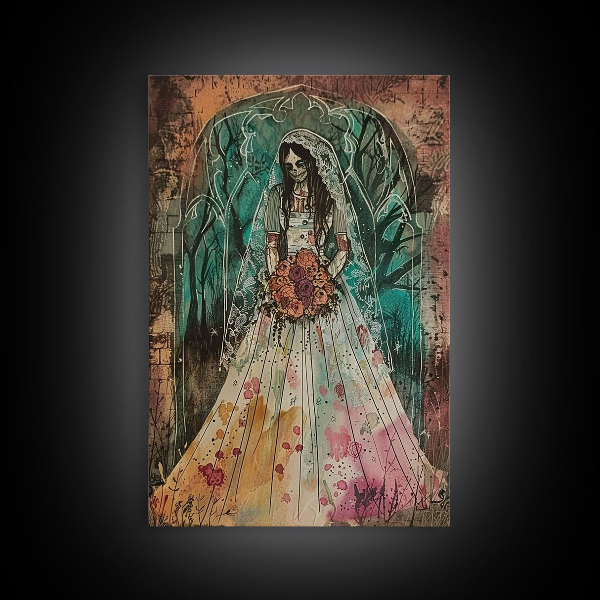 Skeleton Bride with Floral Bouquet Framed Canvas Print | Halloween Bride Art | Spooky Bride Decor for Home | Macabre Halloween Artwork
