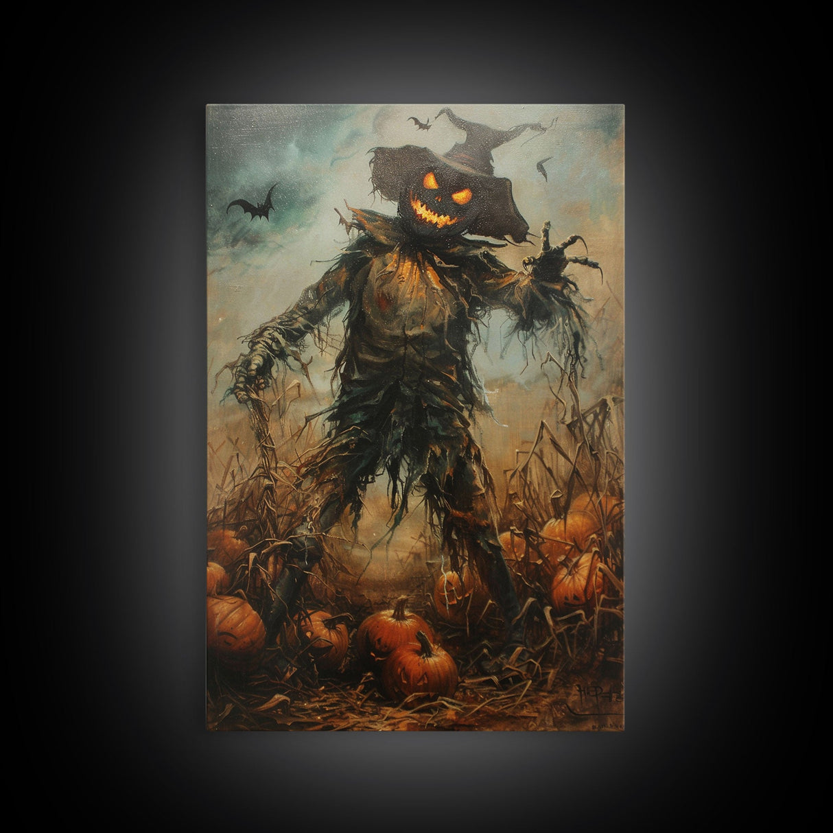 Sinister Scarecrow in Pumpkin Patch | Halloween Wall Art | Spooky Home Decor | Creepy Pumpkin Scarecrow Painting | Framed Canvas Print
