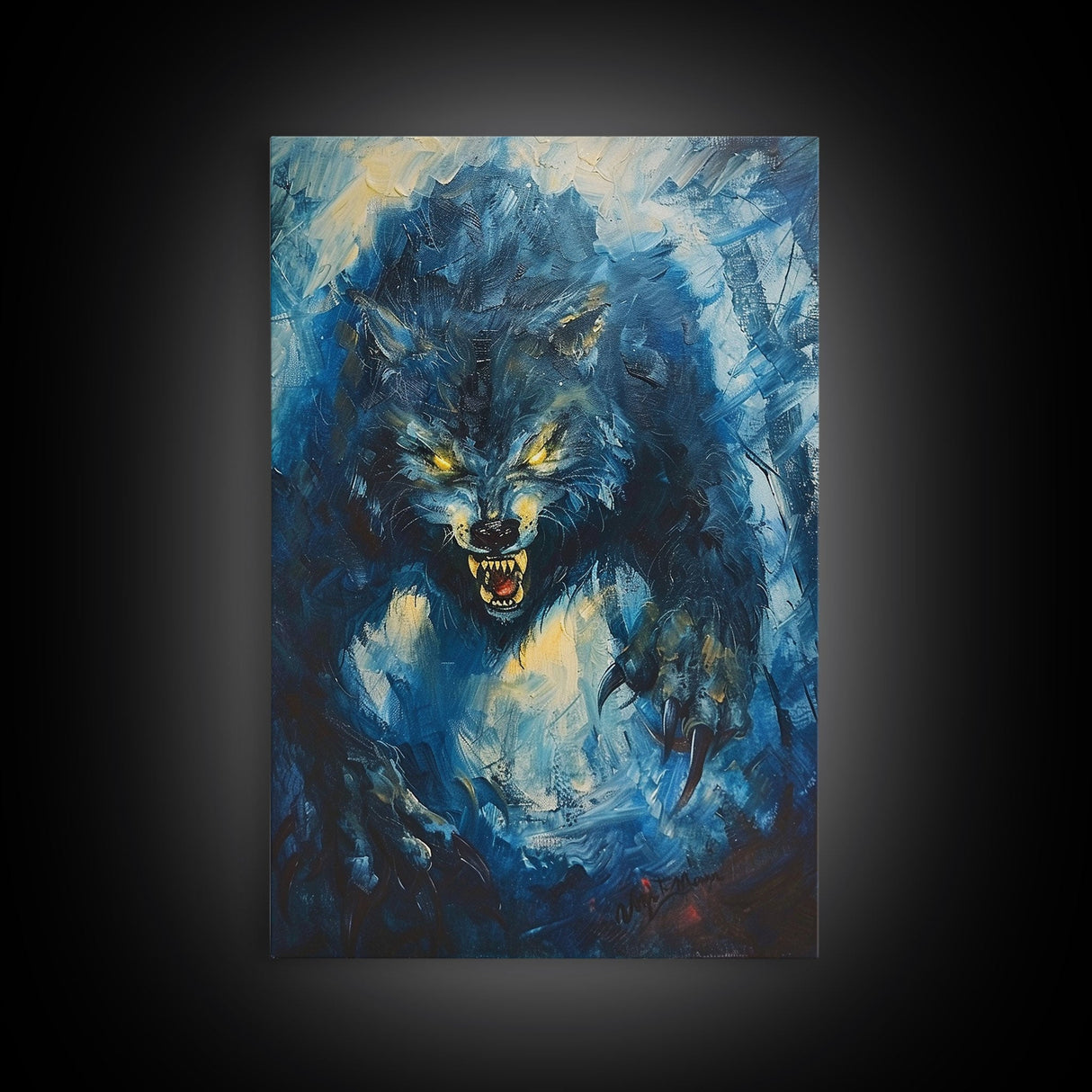 Ferocious Werewolf Growling in Forest | Halloween Wall Art | Spooky Home Decor | Creepy Werewolf Howling Painting | Framed Canvas Print