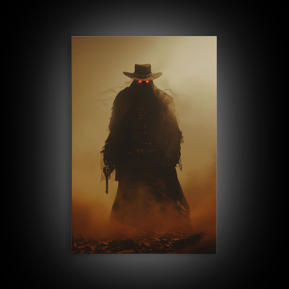 Mysterious Cowboy with Glowing Red Eyes in Desert | Halloween Wall Art | Spooky Home Decor | Creepy Cowboy Painting | Framed Canvas Print