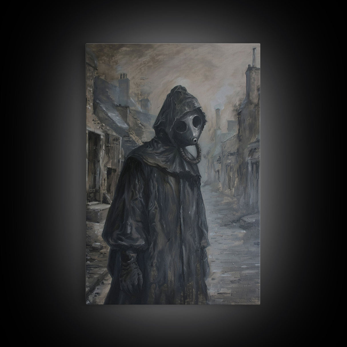 Plague Doctor in Abandoned Town | Halloween Wall Art | Spooky Home Decor | Creepy Plague Doctor Painting | Framed Canvas Print