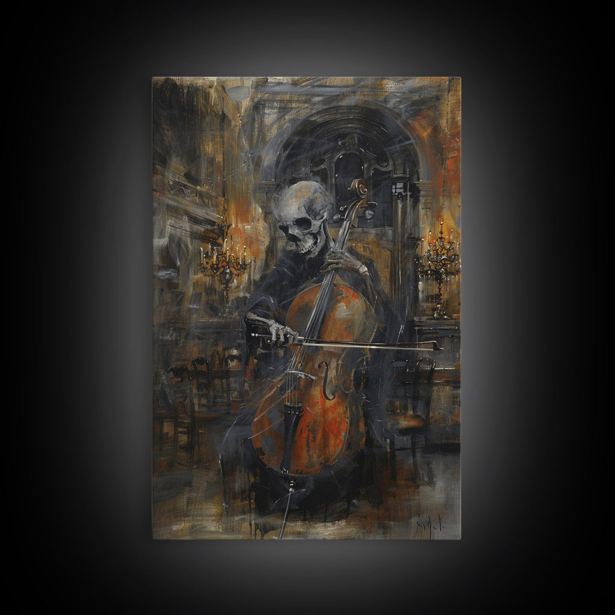 Skeleton Cellist in Gothic Cathedral | Halloween Wall Art | Spooky Home Decor | Creepy Skeleton Musician Painting | Framed Canvas Print