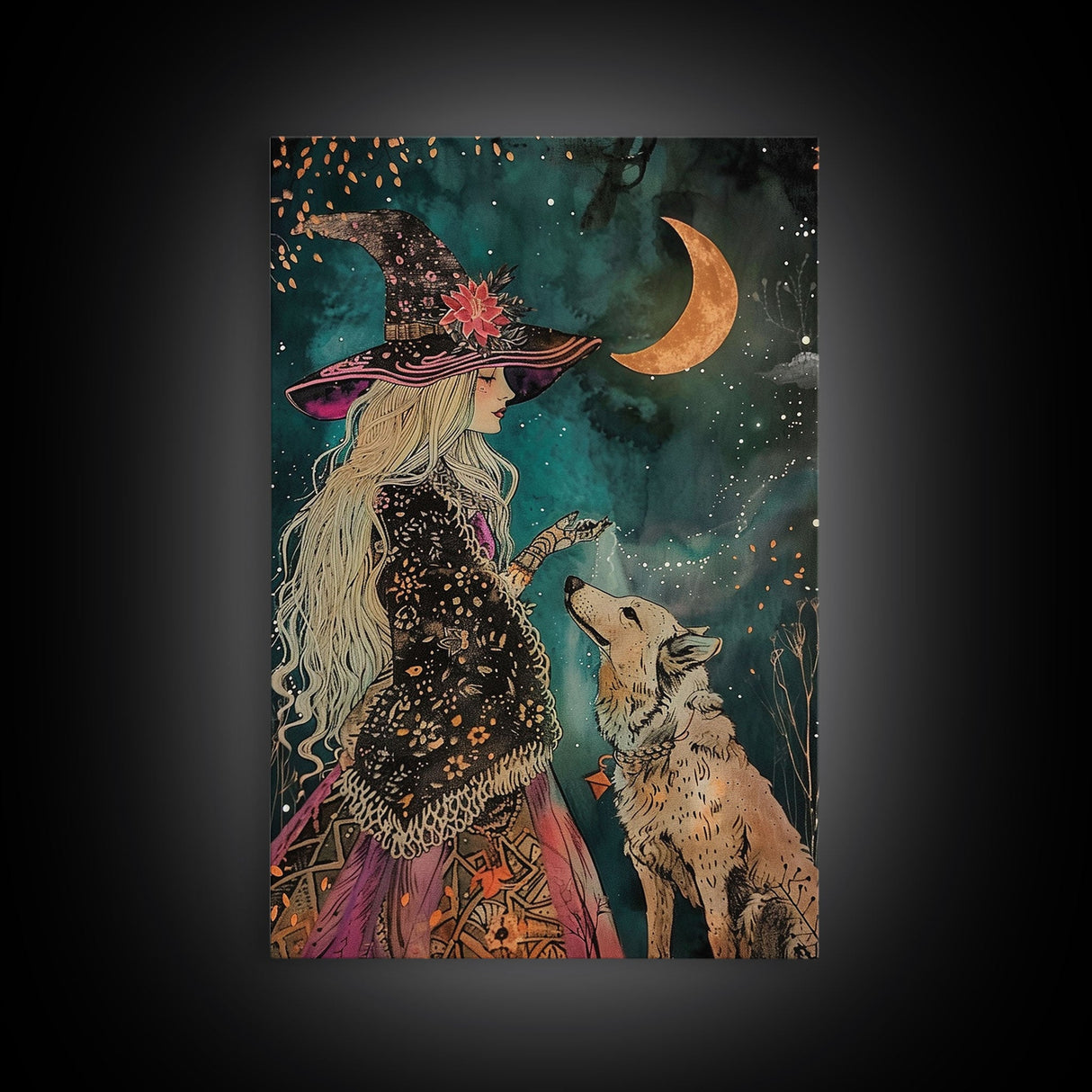 Mystical Witch and Wolf Under Crescent Moon - Halloween Wall Art - Spooky Home Decor - Perfect Halloween Gift - Witch and Wolf Painting