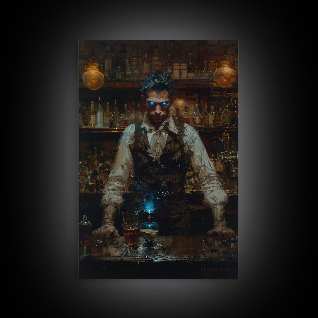 Mysterious Bartender with Glowing Eyes - Halloween Wall Art - Spooky Home Decor - Creepy Bar Scene - Unique Halloween Decoration