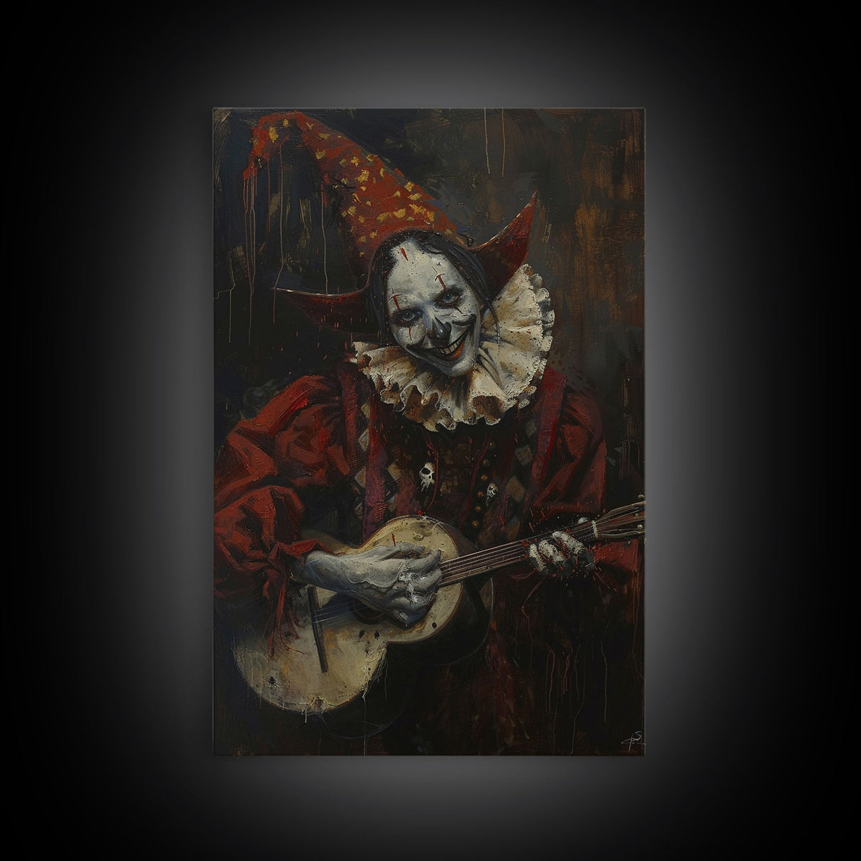Creepy Clown Playing Guitar, Framed Canvas Print, Spooky Circus Art, Halloween Wall Decor, Horror Clown Illustration, Creepy Home Decor