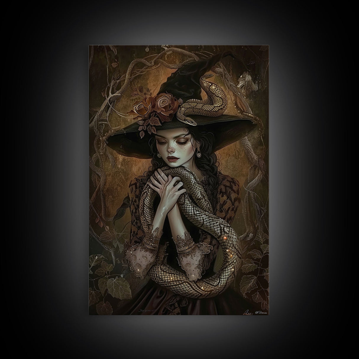 Mysterious Witch Holding Snake, Framed Canvas Print, Gothic Witch Art, Dark Fantasy Decor, Witch and Serpent, Halloween Accessories