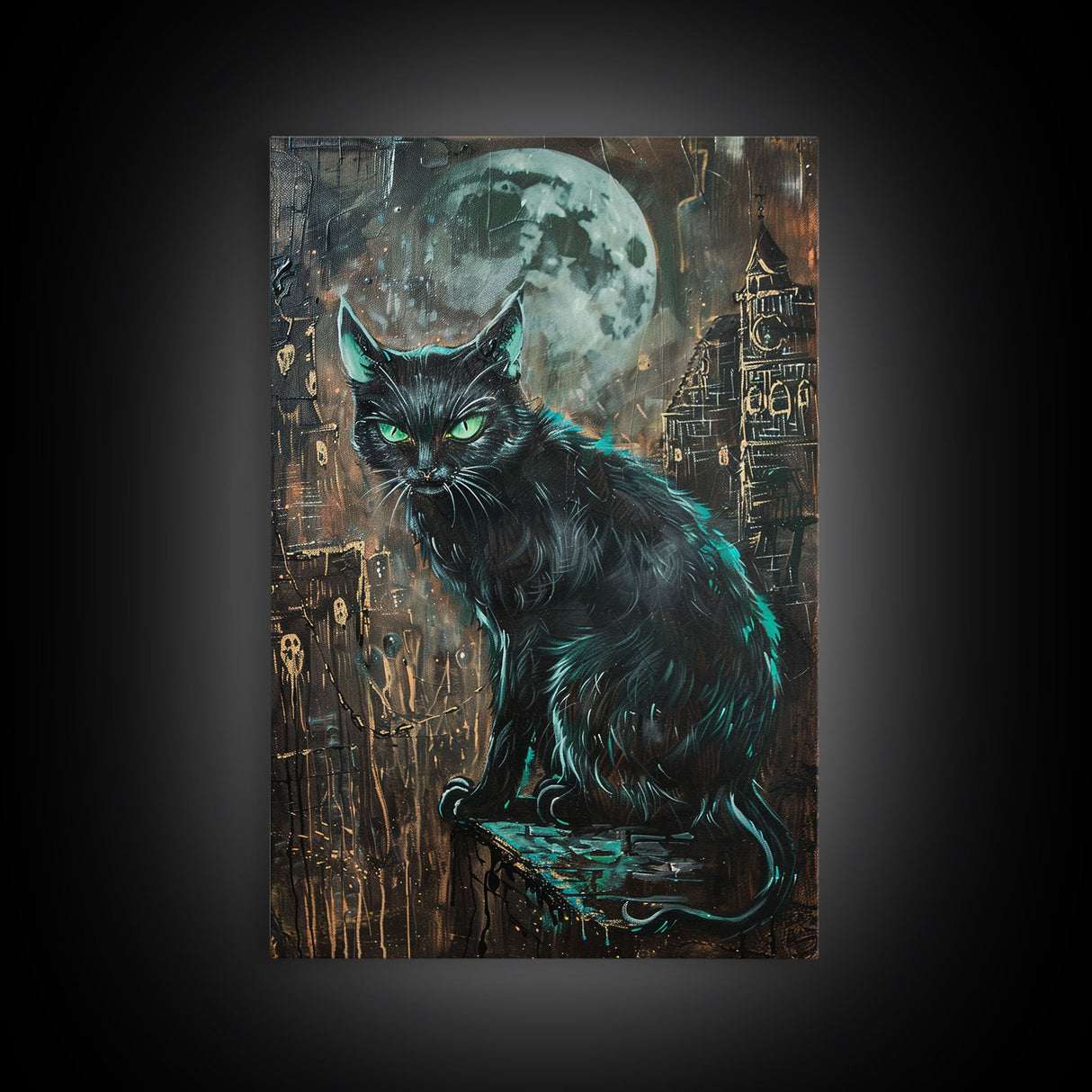 Black Cat with Piercing Green Eyes, Framed Canvas Print, Spooky Cat Art, Witchy Feline Decor, Halloween Wall Art, Gothic Cat Decor