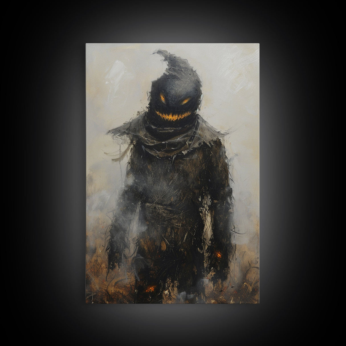 Scarecrow with Glowing Eyes in Dark Field, Framed Canvas Print, Halloween Scarecrow Art, Spooky Farm Decor, Creepy Harvest Illustration