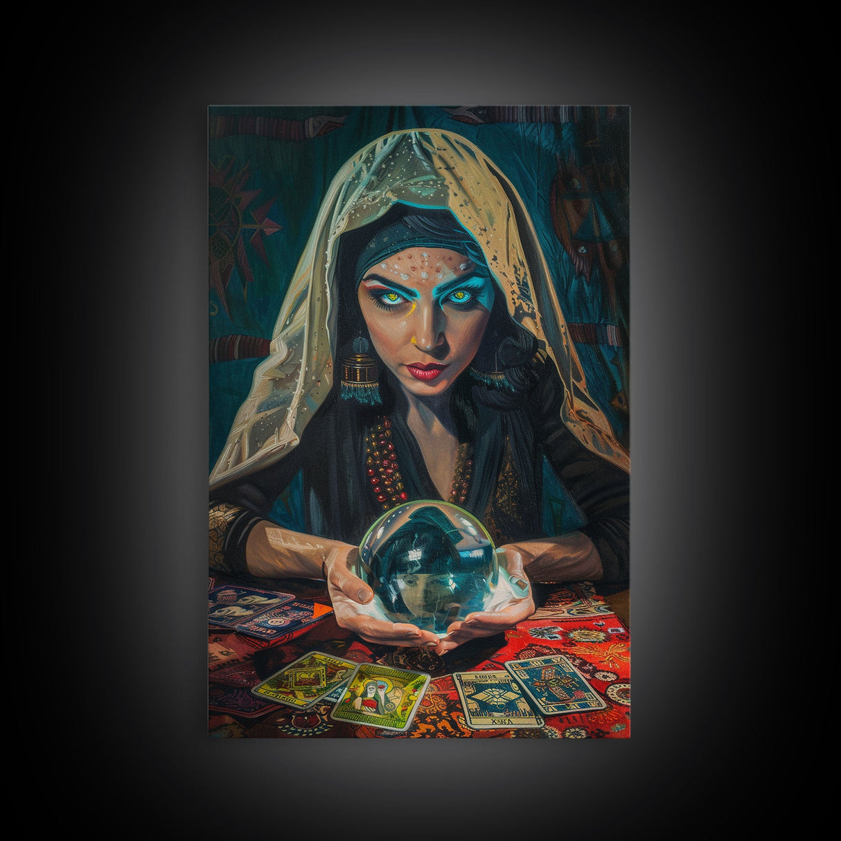 Enchanting Fortune Teller with Crystal Ball Under Moonlight - Mystical Witchcraft Framed Canvas Print, Halloween Gothic Home Decor