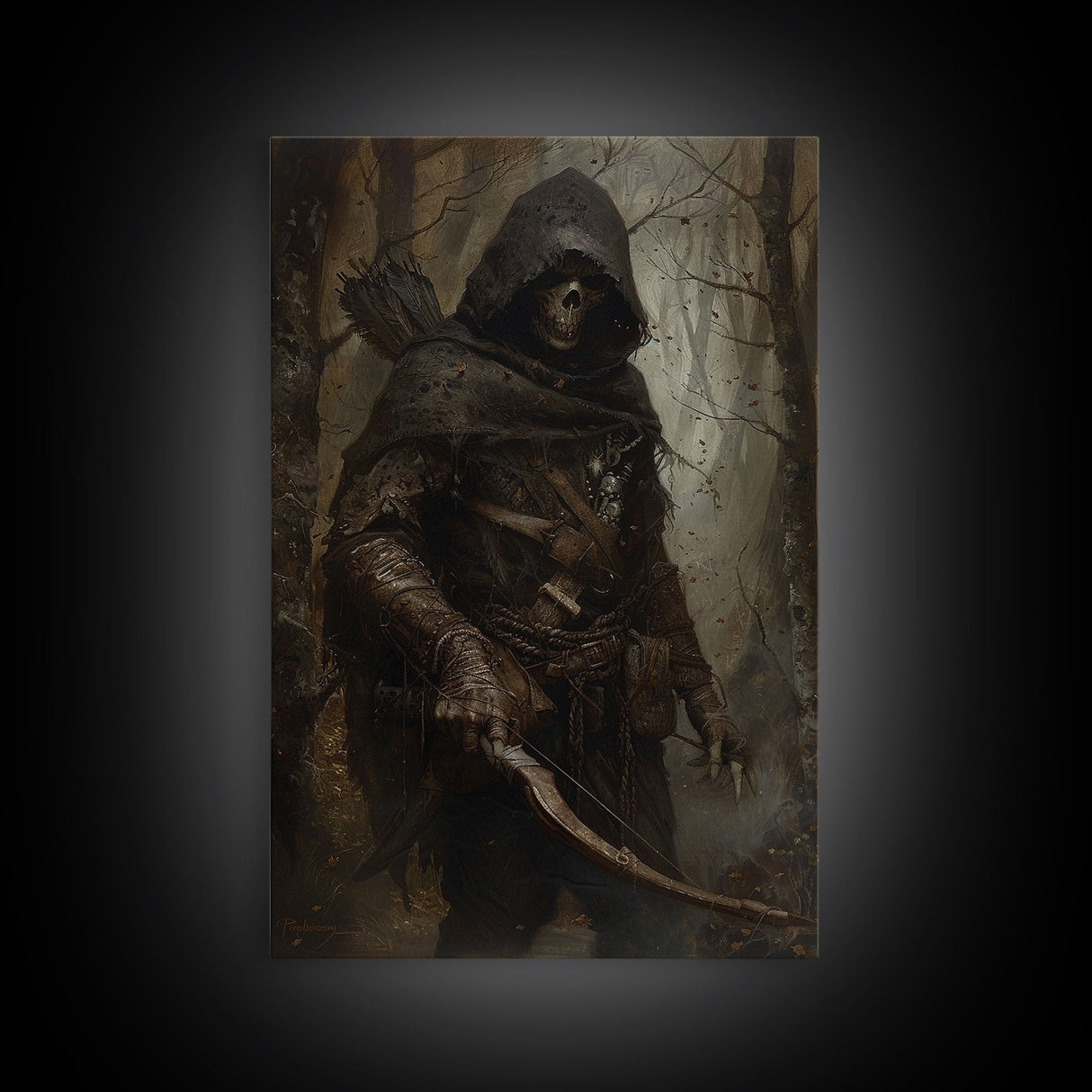 Grim Reaper Archer in Dark Enchanted Forest - Eerie Gothic Wall Art Framed Canvas Print, Unique Spooky Halloween Haunted Homes