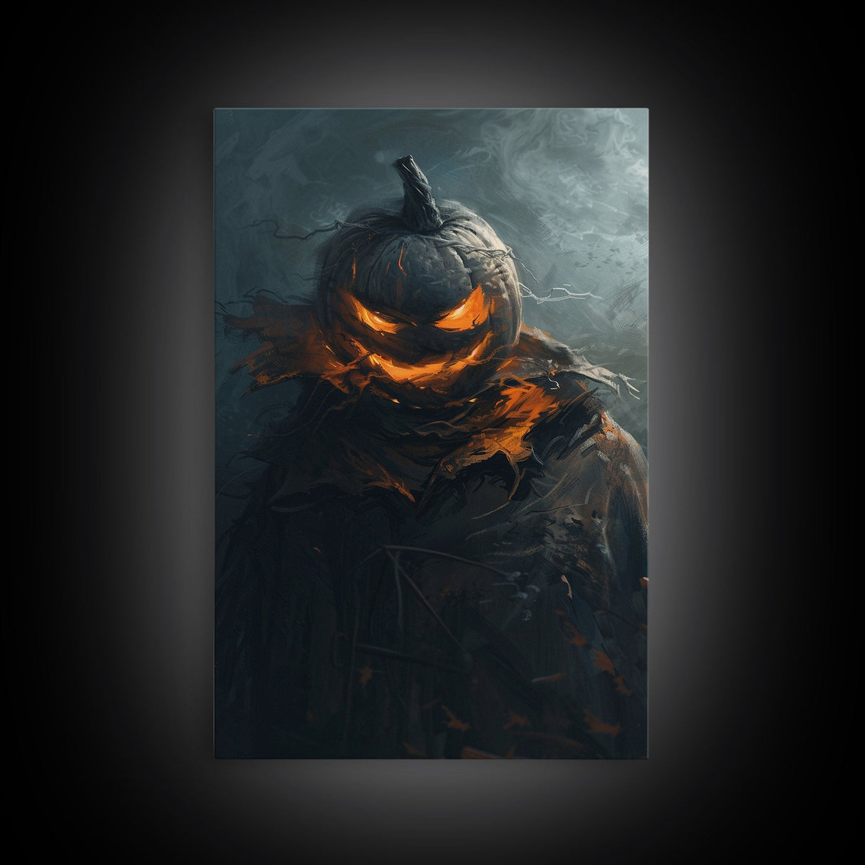 Menacing Pumpkin Head Monster Emerging from Fog - Creepy Halloween Horror Artwork Framed Canvas Print, Spooky Gothic Home Wall Decor