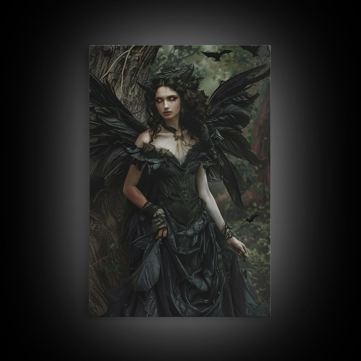 Dark Angel with Glowing Eyes in Haunted Forest - Mysterious Gothic Framed Canvas Print, Halloween Wall Art Decor