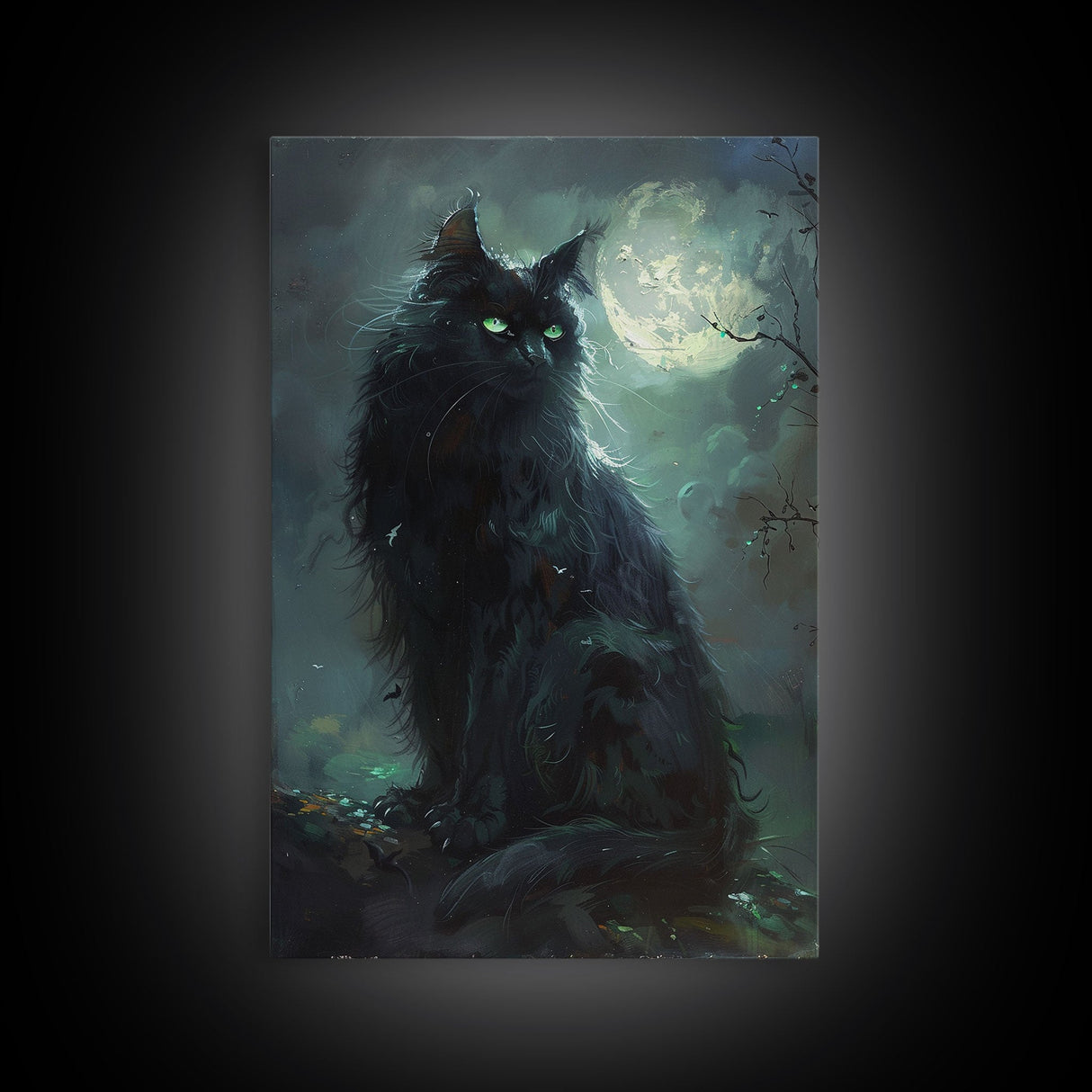 Sinister Black Cat with Green Eyes Under Moonlight - Spooky Halloween Artwork Framed Canvas Print, Gothic Home Wall Decor