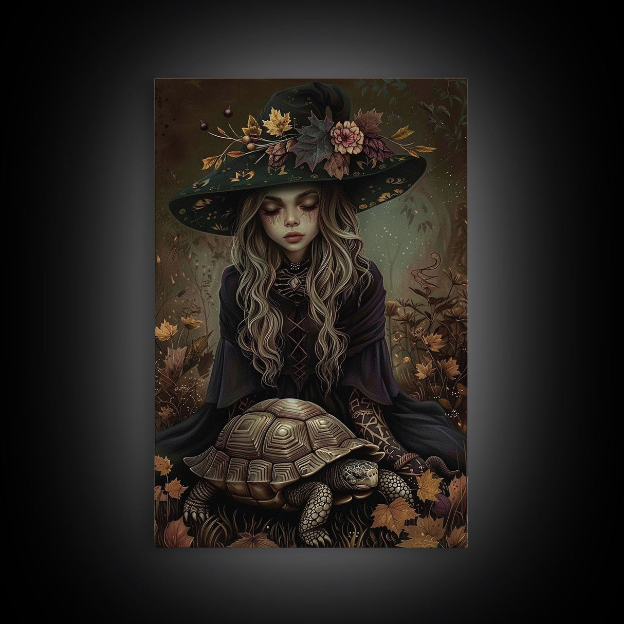 Mystical Witch with Deer in Enchanted Forest - Halloween Art Framed Canvas Print, Spooky Home Wall Decor