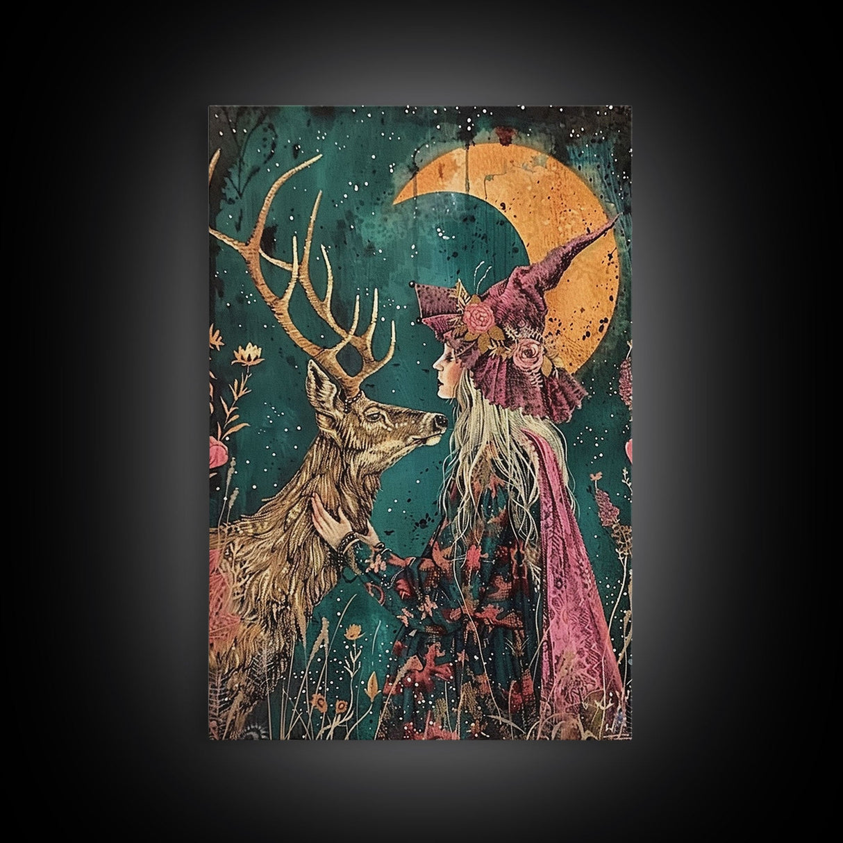 Gothic Witch with Turtle in Dark Forest - Enigmatic Halloween Artwork Framed Canvas Print, Spooky Home Wall Decor