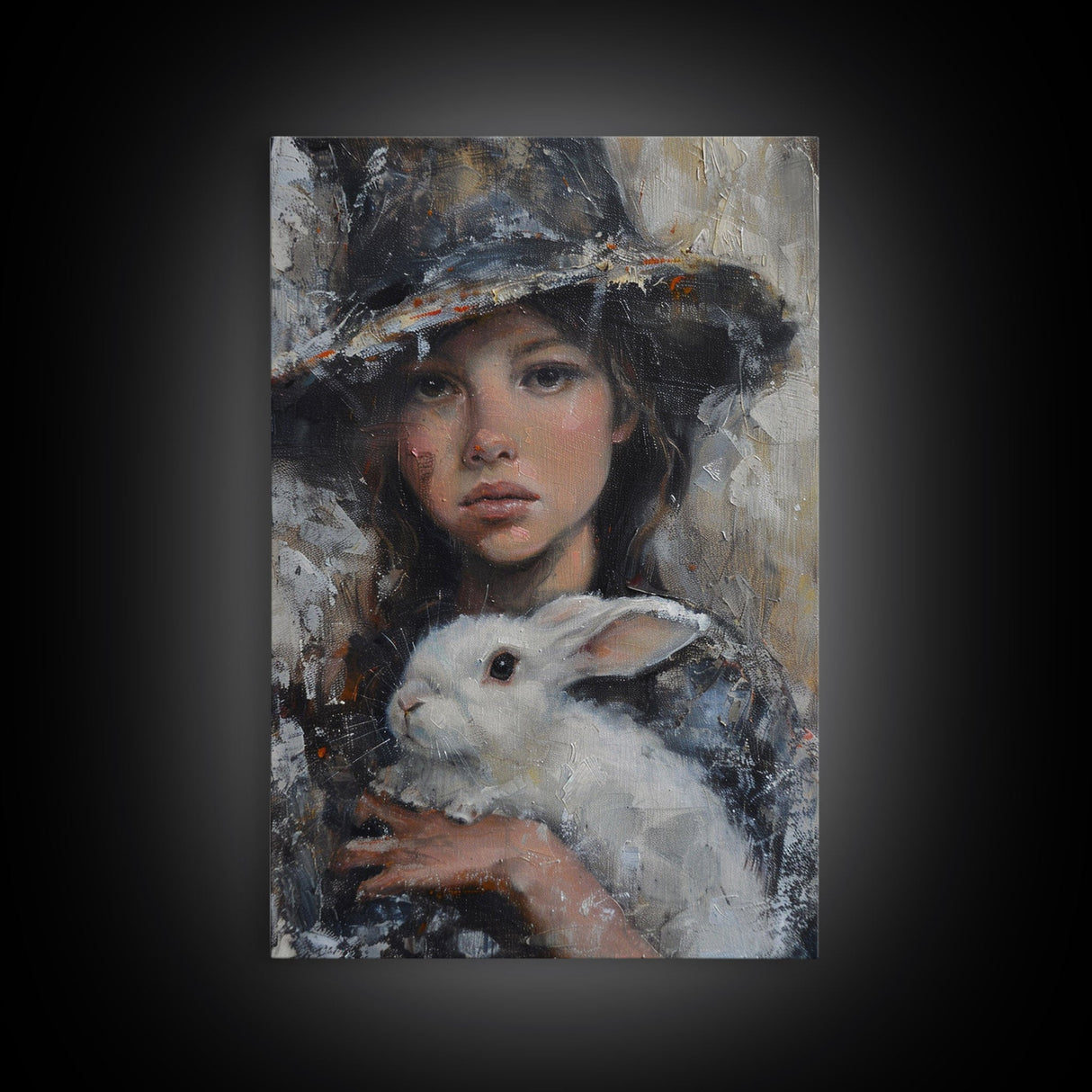 Enchanting Witch with White Rabbit in Serene Autumn Setting - Mystical Forest Art Framed Canvas Print, Halloween Home Decor