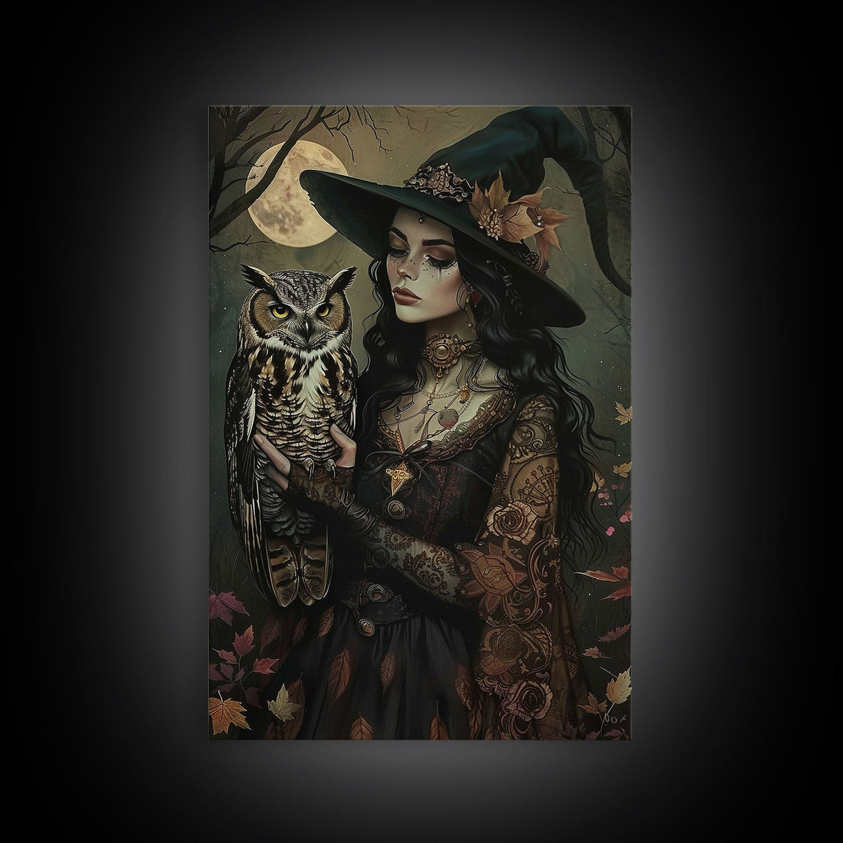 Mysterious Witch with Owl Companion - Moonlit Enchantment, Mystical Beauty Framed Canvas Print, Halloween Wall Art