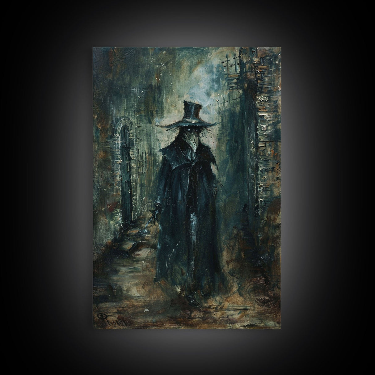 Ghostly Figure in Victorian Attire - Eerie Night Stalker Gothic Art Framed Canvas Print, Halloween Haunted House Decor