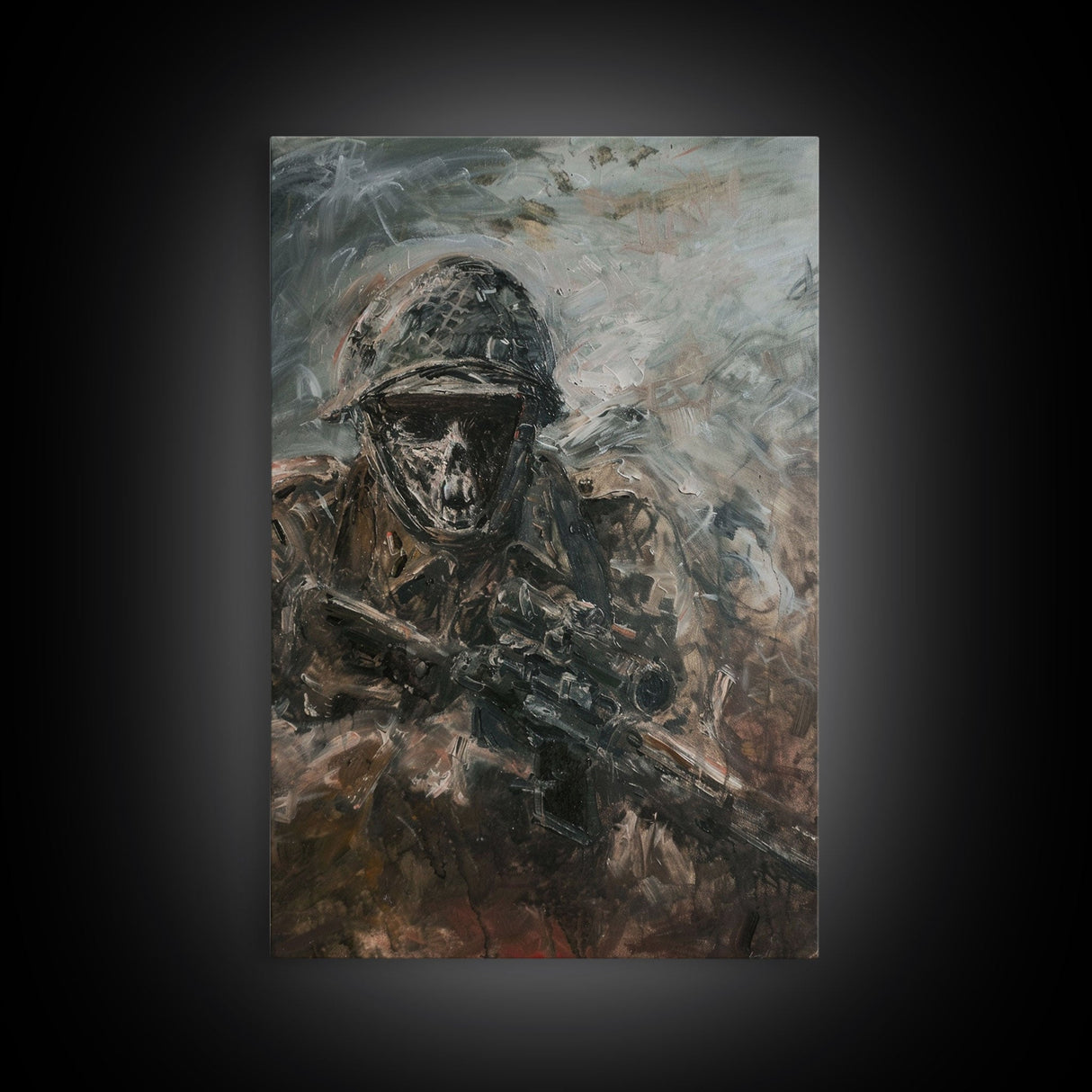 Skeletal Soldier in Battle - Haunting War Scene Gothic Art Framed Canvas Print, Spooky Halloween Decor