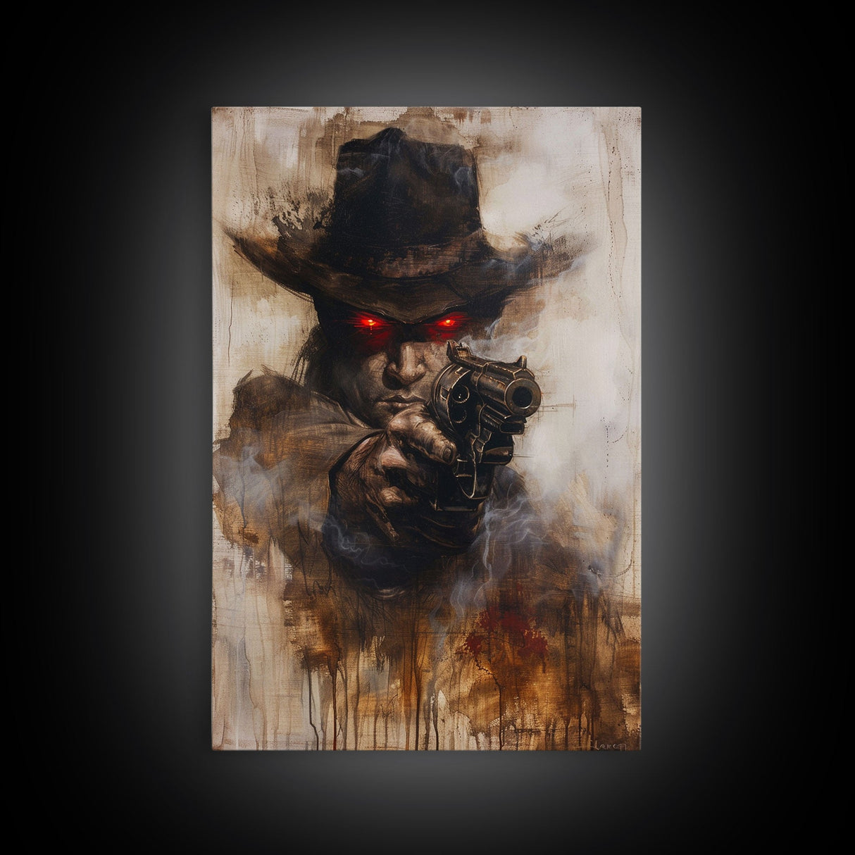 Haunting Cowboy with Red Eyes - Halloween Art, Gothic Art, Spooky Decor, Dark Wild West Art, Menacing Portrait, Framed Canvas Print