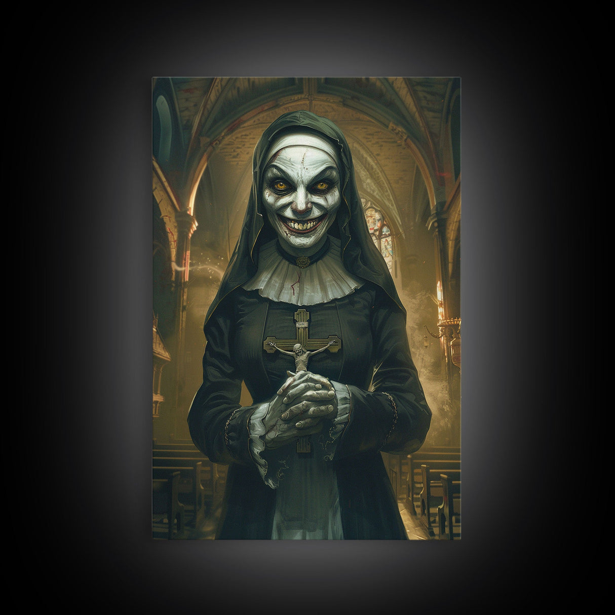 Creepy Nun Canvas Print - Halloween Art, Scary Art, Spooky Home Decor, Creepy Portrait, Gothic Wall Art, Halloween Decor Framed Canvas Print