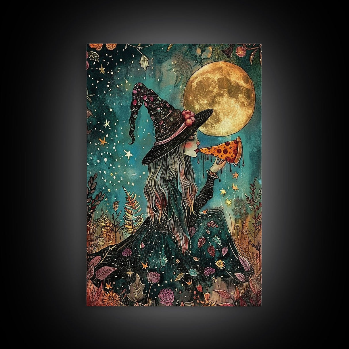 Spring Witch and Her Slice Of Pizza, Framed Canvas Print, Cute / Funny Halloween Art