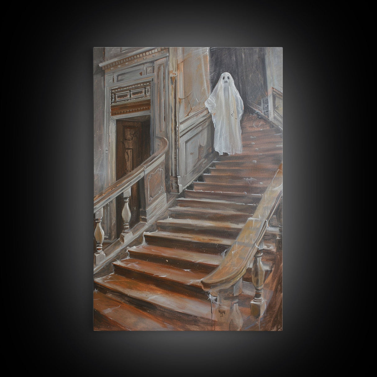 Ghost On Stairs Canvas Print - Halloween Art, Spooky Home Decor, Ghost Wall Art, Haunted House Decor, Halloween Decor, Framed Canvas Print
