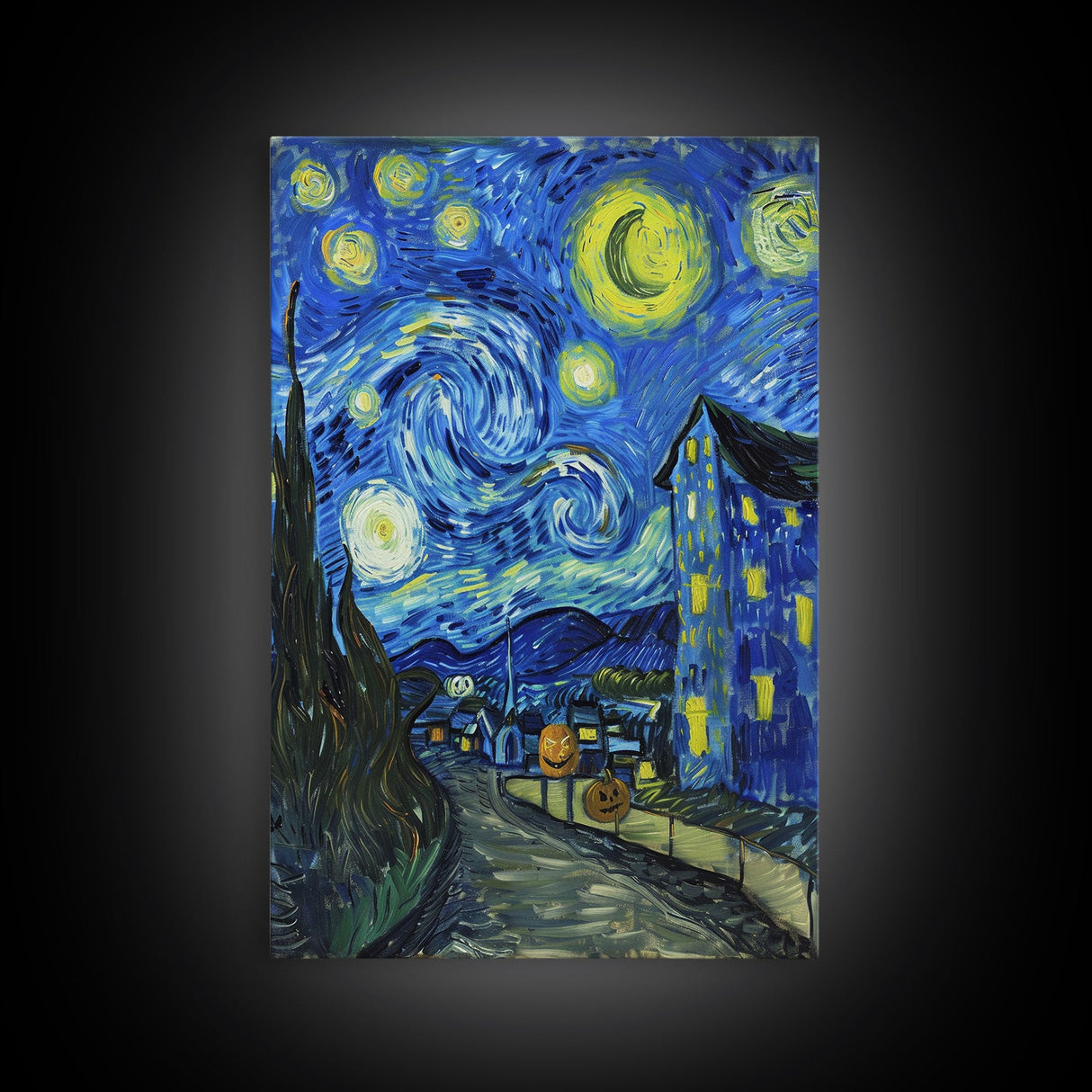 Starry Night Inspired Haunted Halloween Village Framed Canvas Print, Van Gogh Inspired, Spooky Season Halloween Art