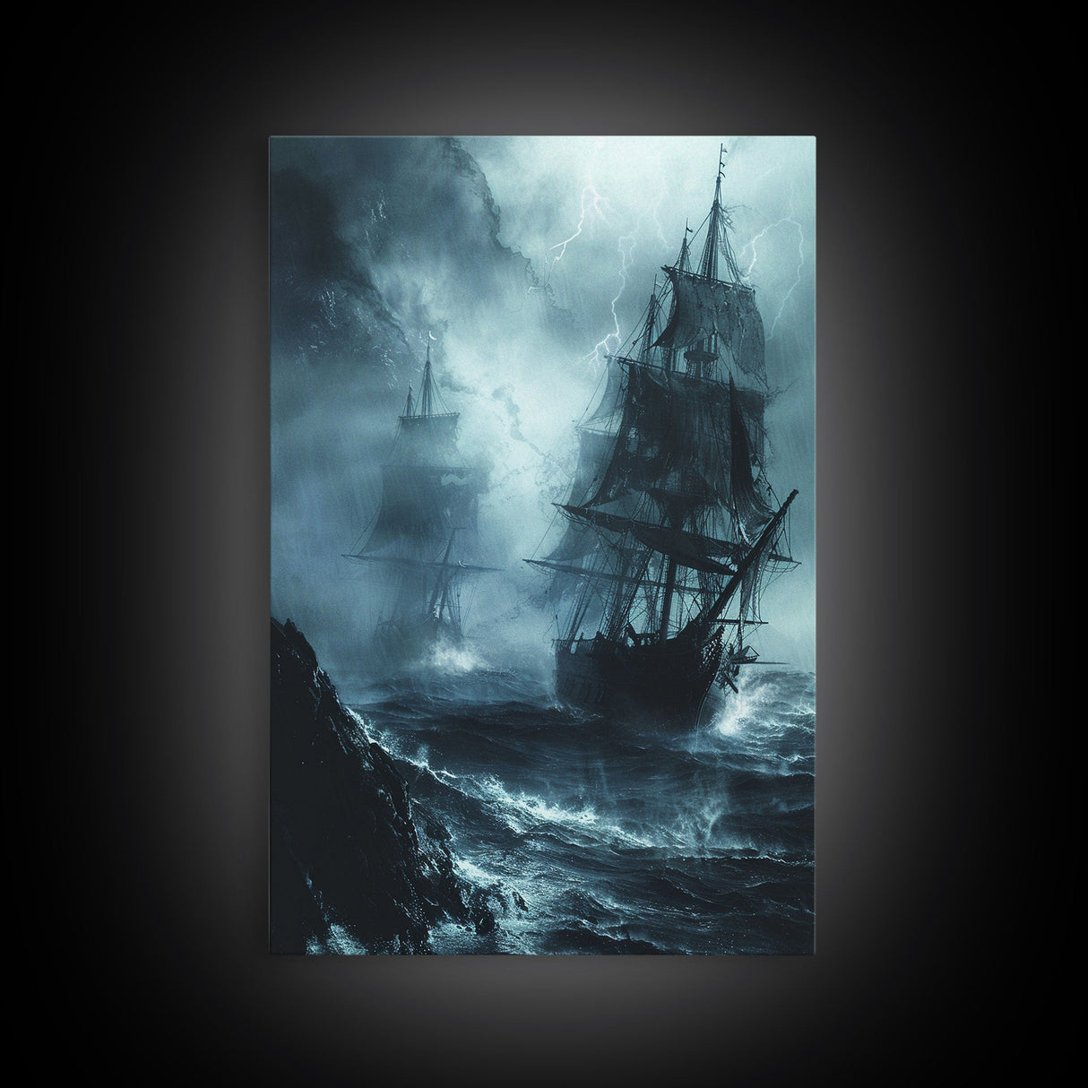 Ghost Ship in Storm Halloween Art, Spooky Maritime, Haunted Ocean, Creepy Seascape, Stormy Night, Framed Canvas Print