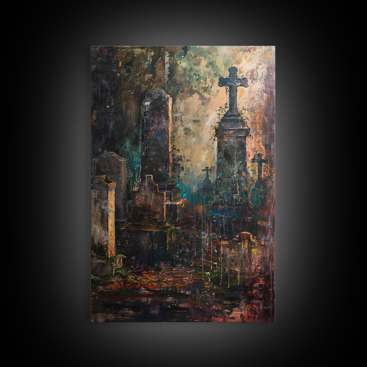 Gloomy Cemetery Halloween Art, Spooky Graveyard, Haunted Cemetery, Creepy Gravestones, Dark Artwork, Framed Canvas Print