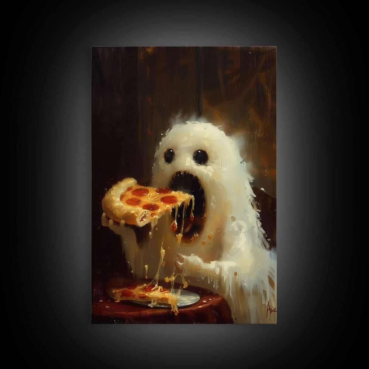 Cute Ghost Chompin on A Pizza, Ghostly Pizza Pirate, Framed Canvas Print, Funny Halloween Spooky Season Art