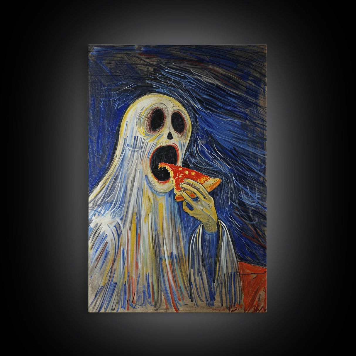 Spooky Ghost Eatin a Pizza, YUM! Funny Halloween Art