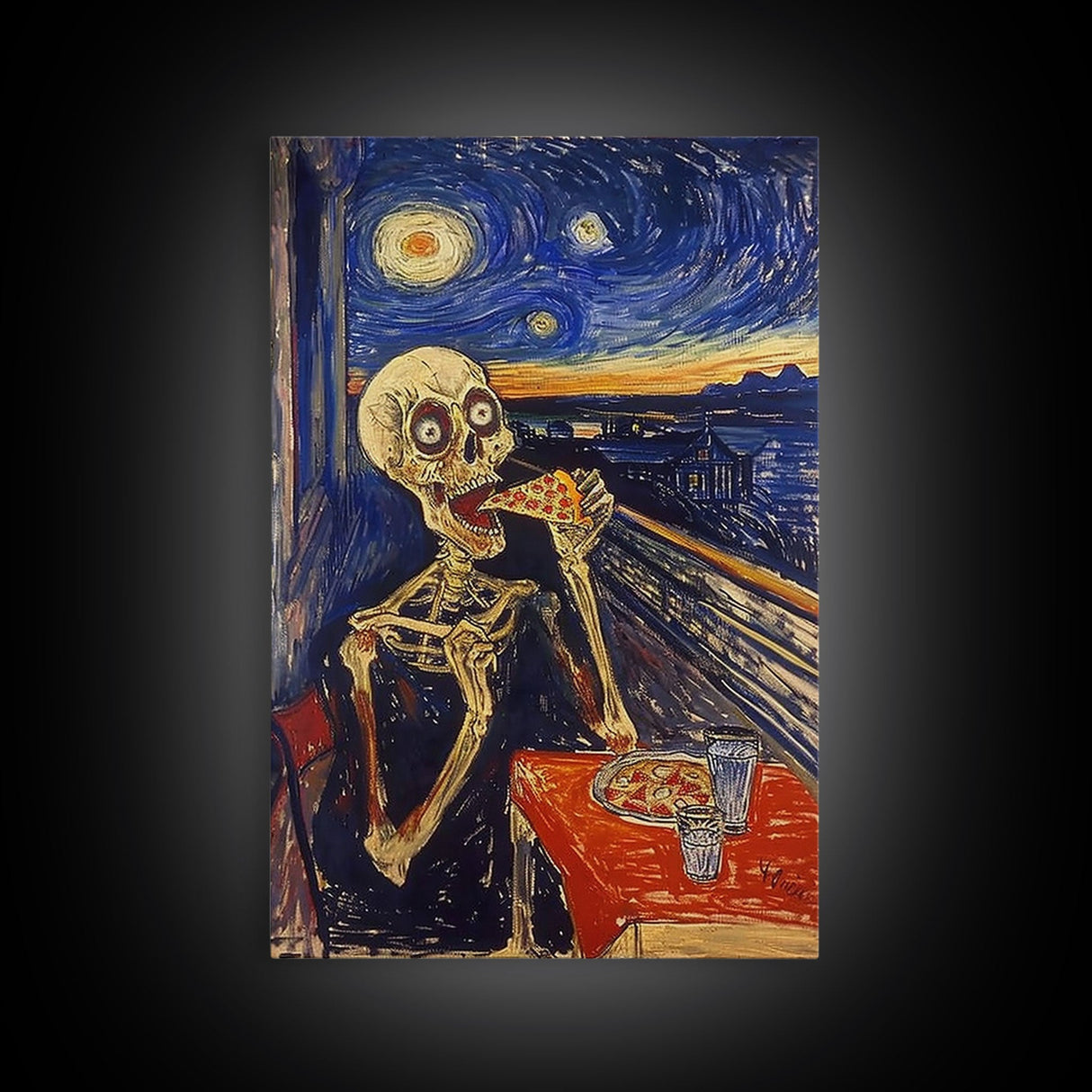 Spooky Skeleton Dude Eatin' a Pizza, Starry Night Inspired Funny Halloween Art, Framed Canvas Print