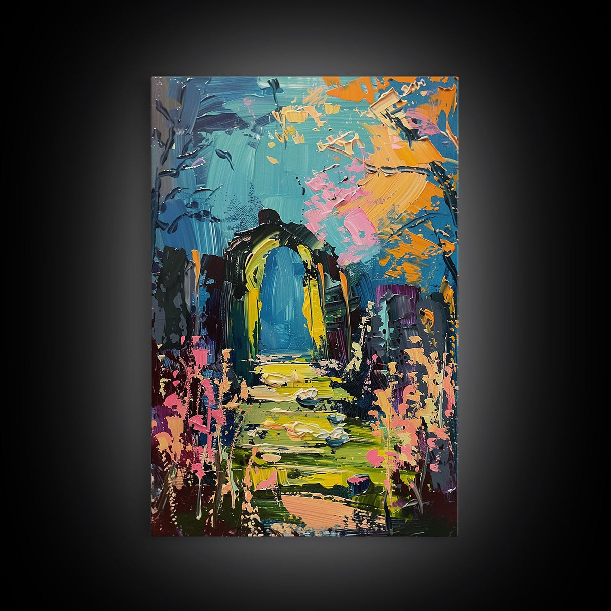 Enchanted Path Framed Canvas Print, Halloween Art, Spooky Garden, Haunted Walkway, Fall Decor Gothic Decor, Ghostly Archway, Eerie Landscape