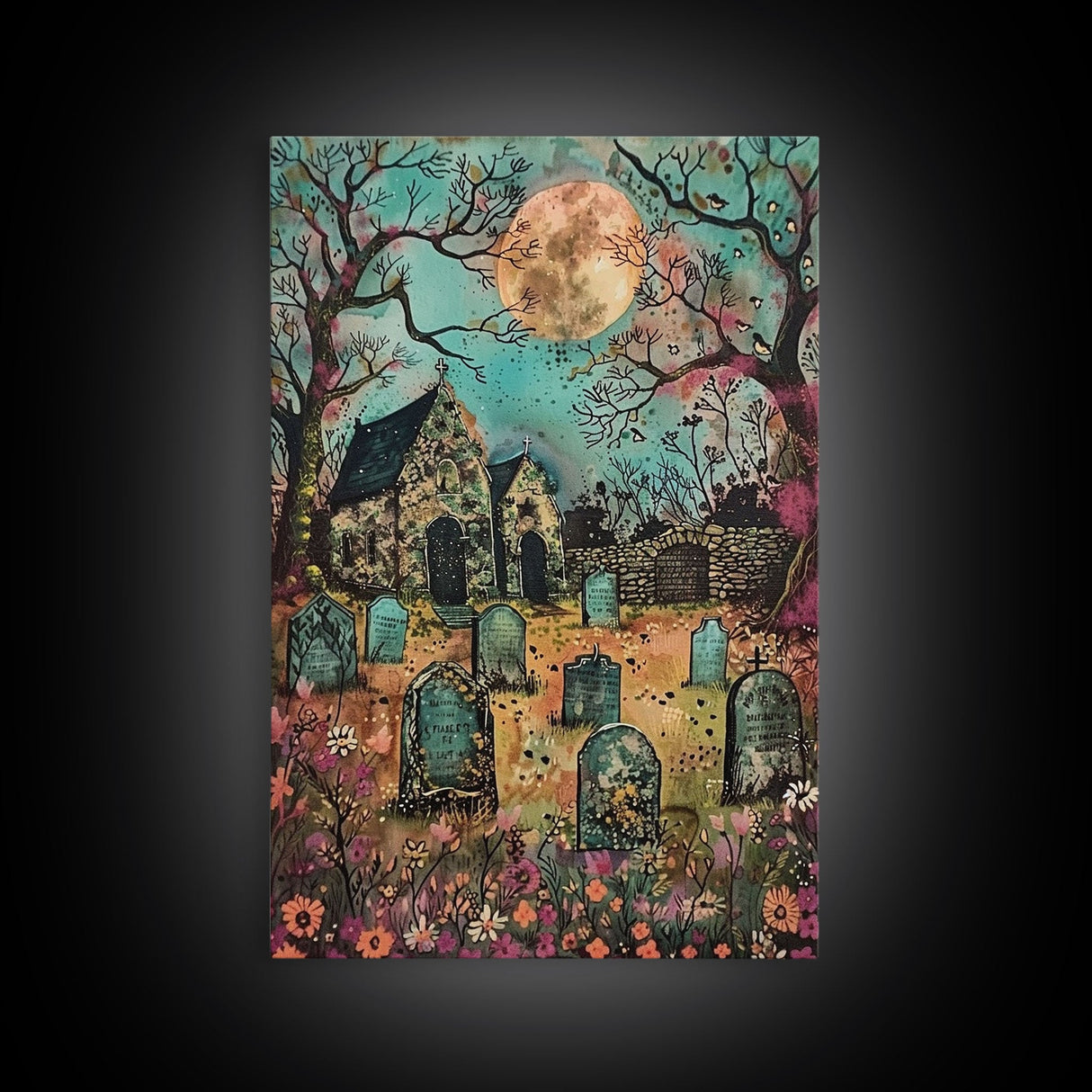Haunted Churchyard Framed Canvas Print, Halloween Art, Gothic Cemetery, Spooky Church, Haunted Scene, Eerie Moonlight, Halloween Decor