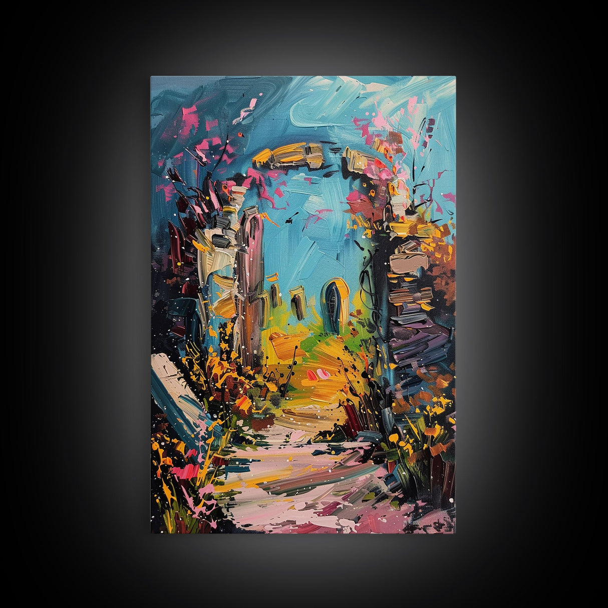 Ruined Archway Framed Canvas Print, Halloween Art, Haunted Garden, Spooky Ruins, Eerie Pathway, Fall Decor, Gothic Wall Art, Haunted Decor