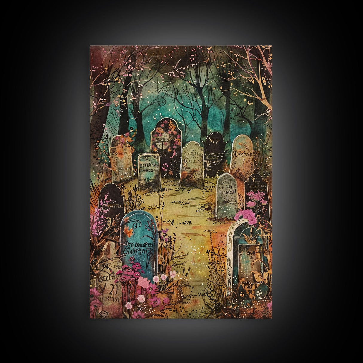 Spooky Graveyard Framed Canvas Print, Halloween Wall Art, Haunted Cemetery, Gothic Vibes, Spooky Decor, Haunted Scene, Halloween Decoration