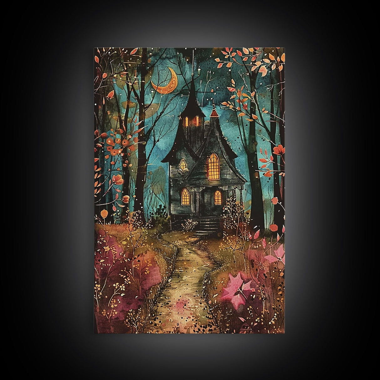 Enchanted Forest Pathway Framed Canvas Print, Haunted Woods Art, Halloween Night, Spooky Path Decor, Mysterious Artwork, Framed Canvas Print